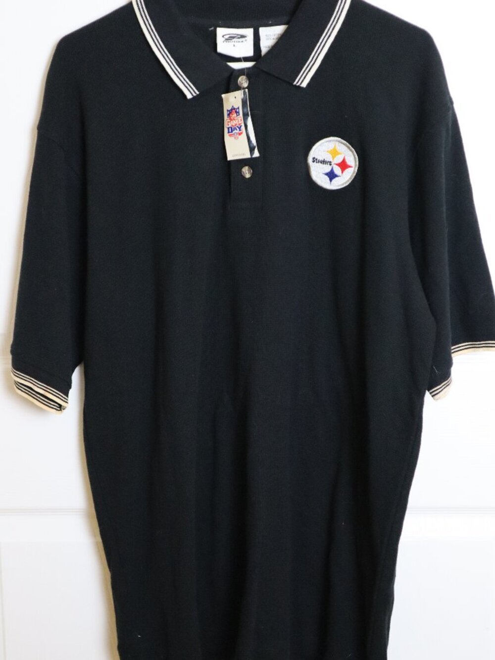 Vtg Pittsburgh Steelers Pro Edge Logo Polo Shirt Mens Sz L Waffle Knit Cotton